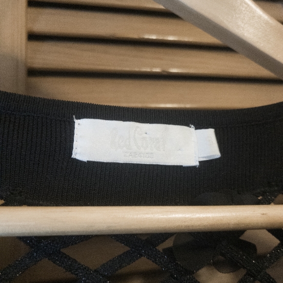 Red Coral Silk Blend Black Top with 3D Floral Details and Net - Picture 4 of 6